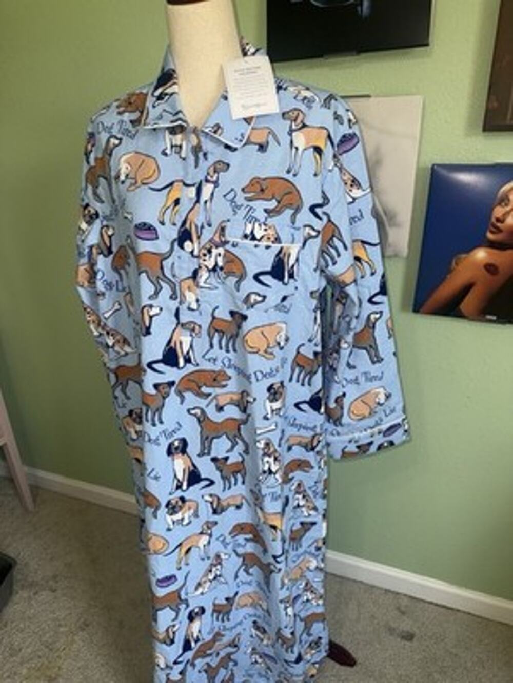 Pajamagram NWT Large Nightgown Dog Print Blue Flannel Long Sleeve Sleepwear